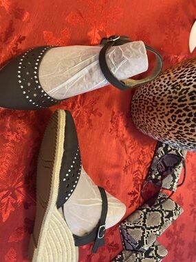 Studded Black Ankle-Strap Espadrille Wedges